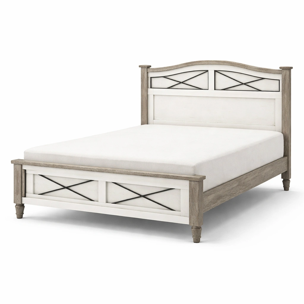 Cama clasica bicolor con detalles decorativos y estructura robusta-cozanoe